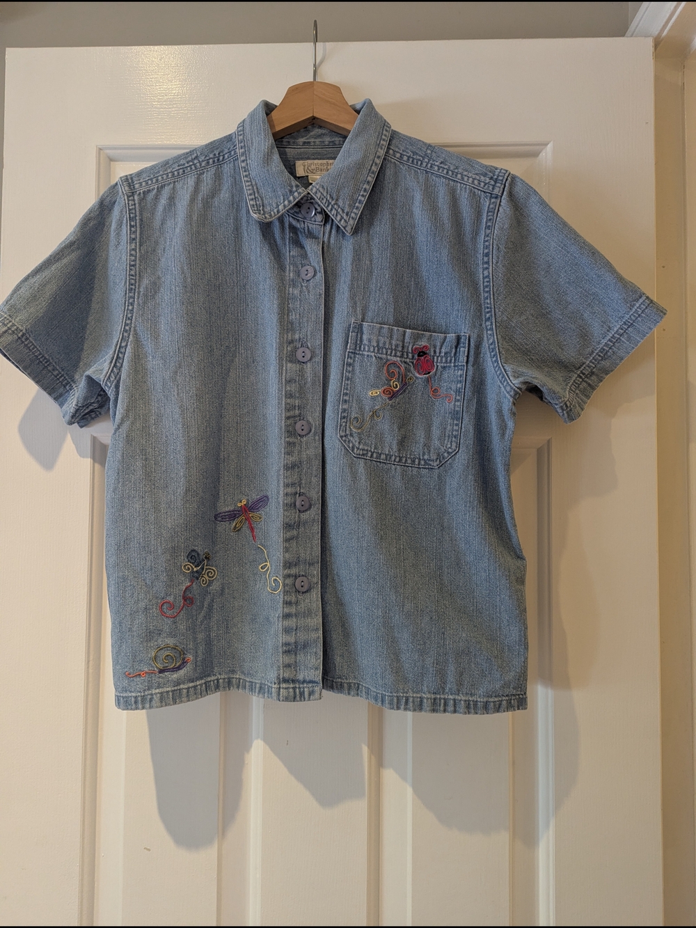 Vintage 100% Cotton Denim Insect Embroidered Button-Down Shirt Cottagecore S/M